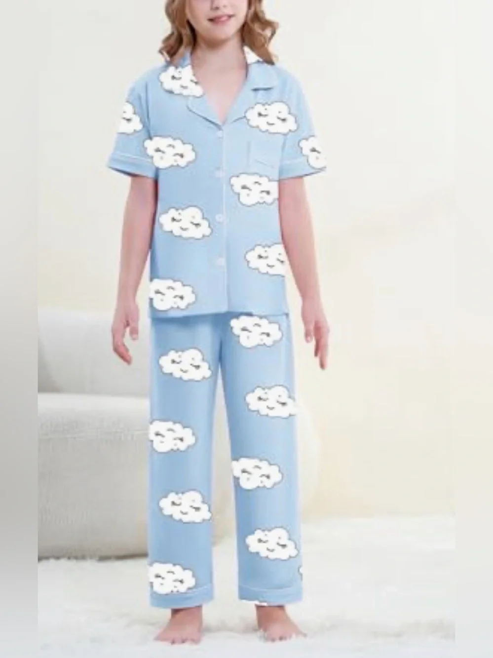 Girls 100% Cotton Button Down Short Sleeve Pajama Set